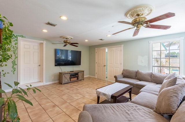 12069 Easterly Ave, Palm Beach Gardens, FL 33410 - living area featuring ceiling fan, light tile patterned floors, and recessed lighting