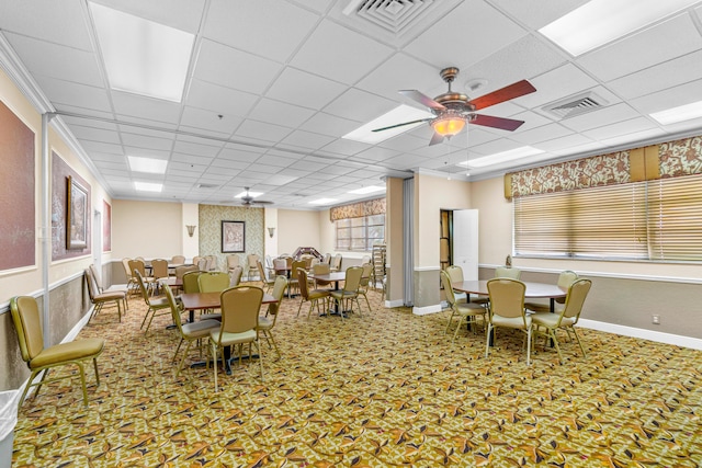 10263 N Circle Lake Dr Unit 201, Boynton Beach, FL 33437 - dining space featuring a ceiling fan, a drop ceiling, and carpet flooring