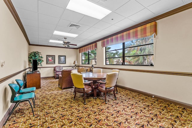 10263 N Circle Lake Dr Unit 201, Boynton Beach, FL 33437 - carpeted dining room featuring crown molding, a ceiling fan, and a drop ceiling