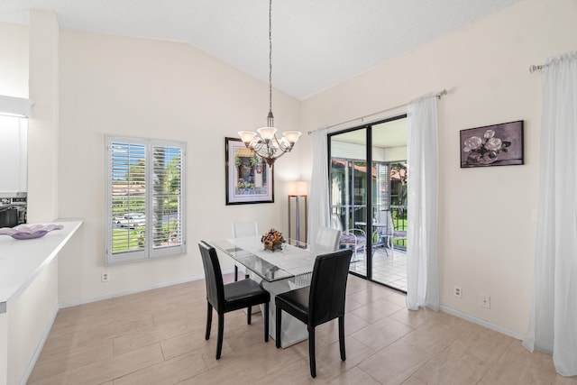 10263 N Circle Lake Dr Unit 201, Boynton Beach, FL 33437 - dining space with a chandelier, lofted ceiling, and healthy amount of natural light