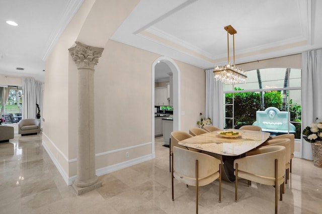 718 Edgebrook Ln, West Palm Beach, FL 33411 - dining area featuring crown molding, arched walkways, a chandelier, and a raised ceiling
