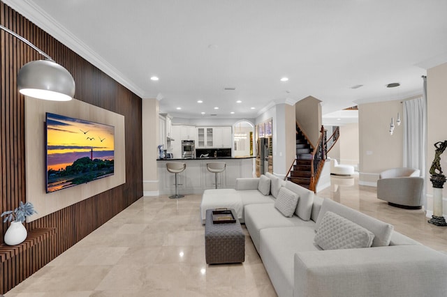 718 Edgebrook Ln, West Palm Beach, FL 33411 - living area featuring crown molding, light marble finish flooring, recessed lighting, and stairs