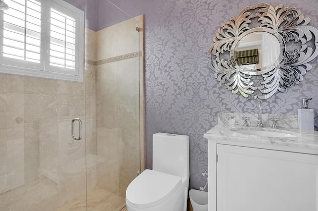 718 Edgebrook Ln, West Palm Beach, FL 33411 - full bath with wallpapered walls, a shower stall, and vanity