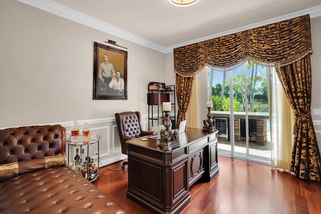 718 Edgebrook Ln, West Palm Beach, FL 33411 - office featuring crown molding, dark wood finished floors, wainscoting, and a fireplace