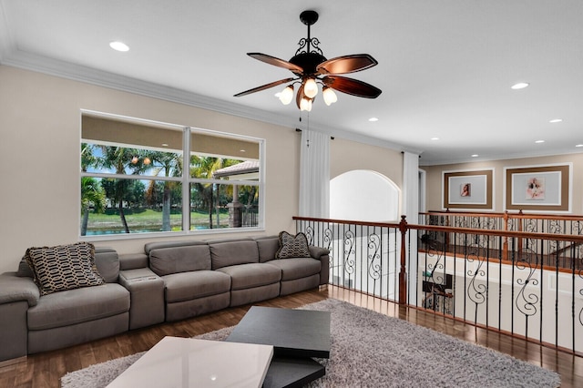 718 Edgebrook Ln, West Palm Beach, FL 33411 - living area with ceiling fan, crown molding, wood finished floors, and recessed lighting