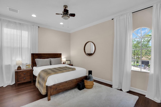 718 Edgebrook Ln, West Palm Beach, FL 33411 - bedroom featuring ornamental molding, dark wood-style floors, a ceiling fan, and recessed lighting