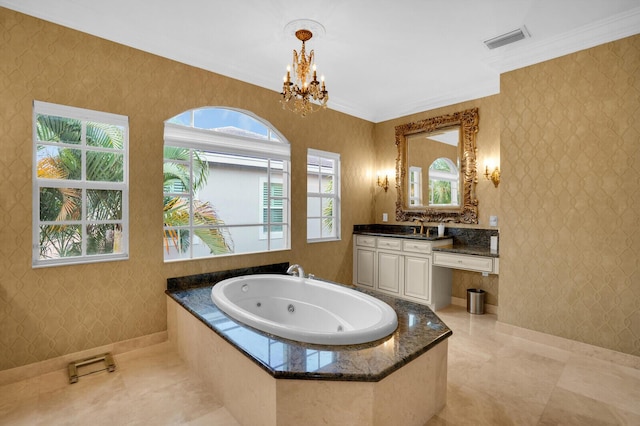 718 Edgebrook Ln, West Palm Beach, FL 33411 - full bathroom with vanity, a jetted tub, ornamental molding, a chandelier, and wallpapered walls
