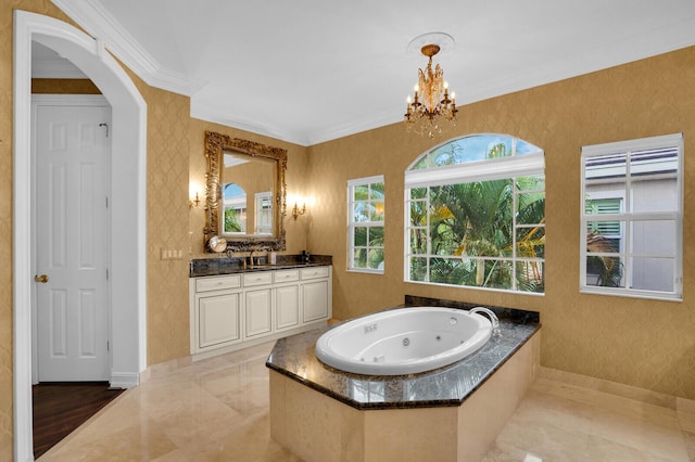 718 Edgebrook Ln, West Palm Beach, FL 33411 - bathroom featuring wallpapered walls, vanity, ornamental molding, a jetted tub, and a chandelier