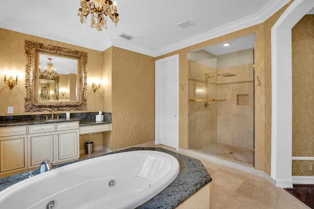 718 Edgebrook Ln, West Palm Beach, FL 33411 - bathroom with a tub with jets, a chandelier, vanity, a tile shower, and ornamental molding