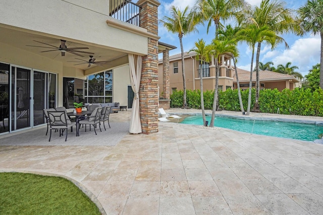 718 Edgebrook Ln, West Palm Beach, FL 33411 - outdoor pool with a patio area, outdoor lounge area, a ceiling fan, and stairway