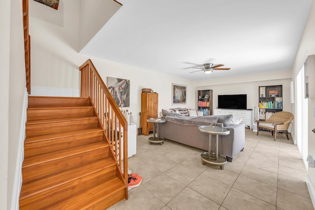 182 Charter Way, West Palm Beach, FL 33407 - living room with a ceiling fan, stairway, and light tile patterned flooring
