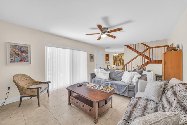 182 Charter Way, West Palm Beach, FL 33407 - living area featuring a ceiling fan, stairway, and light tile patterned floors