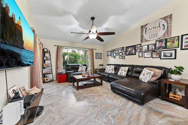 8404 Long Bay, West Palm Beach, FL 33411 - living area featuring ceiling fan and vaulted ceiling