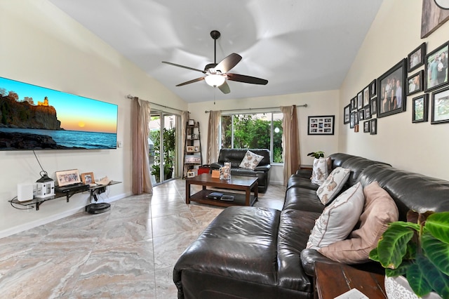 8404 Long Bay, West Palm Beach, FL 33411 - living room featuring vaulted ceiling and ceiling fan
