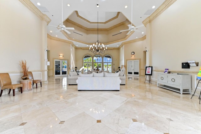 8404 Long Bay, West Palm Beach, FL 33411 - living area featuring ceiling fan, a towering ceiling, ornamental molding, recessed lighting, and a chandelier