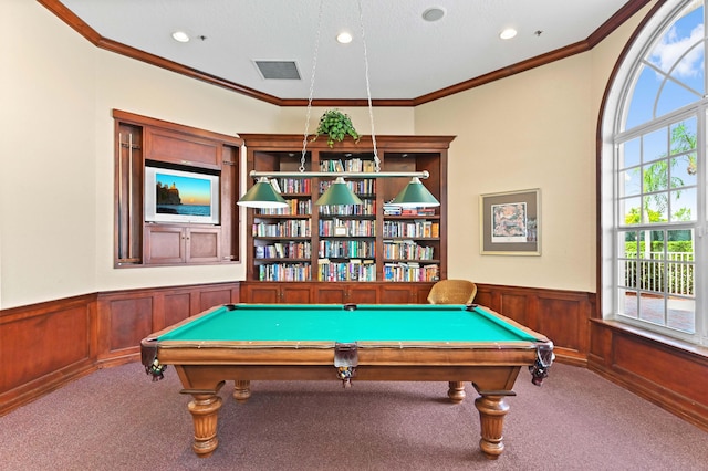 8404 Long Bay, West Palm Beach, FL 33411 - rec room featuring carpet flooring, wainscoting, billiards, crown molding, and recessed lighting