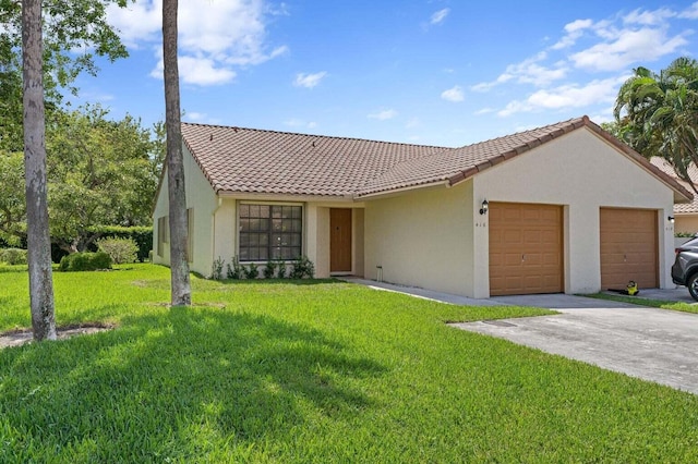 416 Cottonwood Pl, Boca Raton, FL 33431 - ranch-style home featuring a garage, a tiled roof, stucco siding, and a front yard