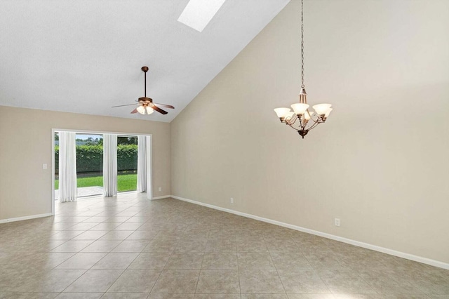 416 Cottonwood Pl, Boca Raton, FL 33431 - empty room with a chandelier, high vaulted ceiling, a skylight, ceiling fan, and light tile patterned floors