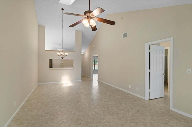 416 Cottonwood Pl, Boca Raton, FL 33431 - unfurnished living room featuring high vaulted ceiling, a chandelier, a ceiling fan, tile patterned floors, and a skylight
