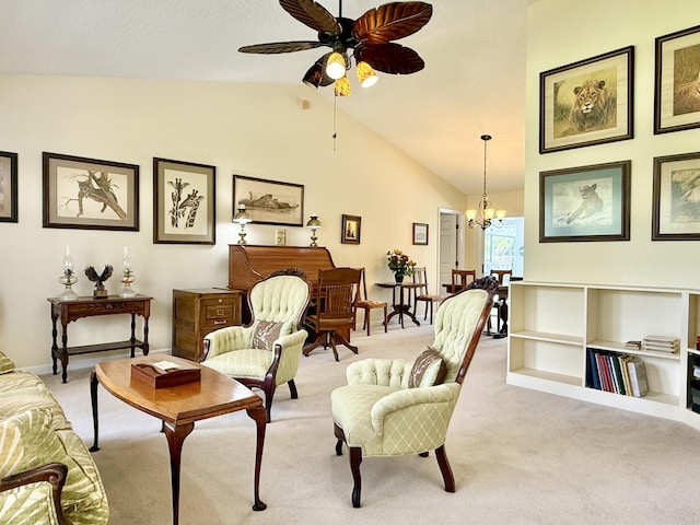 13021 150th Ct N, Jupiter, FL 33478 - sitting room with light carpet, vaulted ceiling, a ceiling fan, and a chandelier