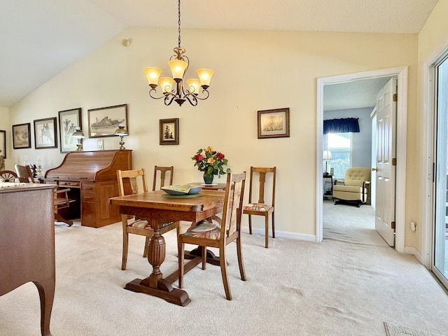 13021 150th Ct N, Jupiter, FL 33478 - dining room featuring lofted ceiling, light carpet, and a chandelier