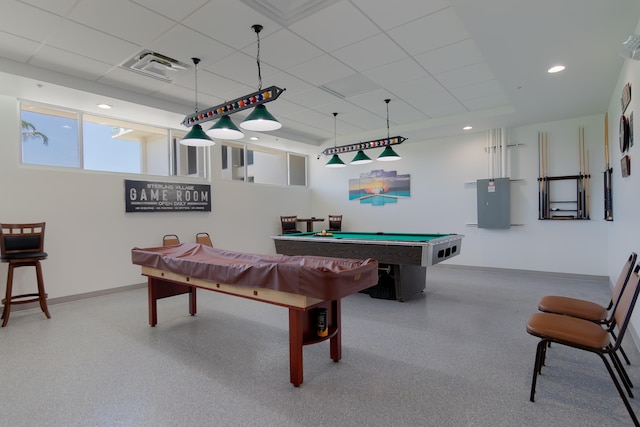 740 Horizons W Unit 207, Boynton Beach, FL 33435 - recreation room featuring billiards table, a paneled ceiling, speckled floor, electric panel, and recessed lighting