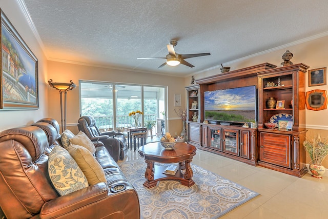 4452 NE Ocean Blvd Unit C2, Jensen Beach, FL 34957 - living area with a ceiling fan, a textured ceiling, tile patterned floors, and crown molding