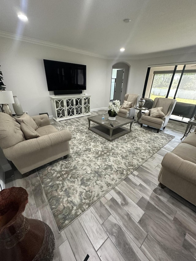 13106 Jeter Creek Dr, Riverview, FL 33579 - living room featuring crown molding, arched walkways, recessed lighting, and wood finished floors