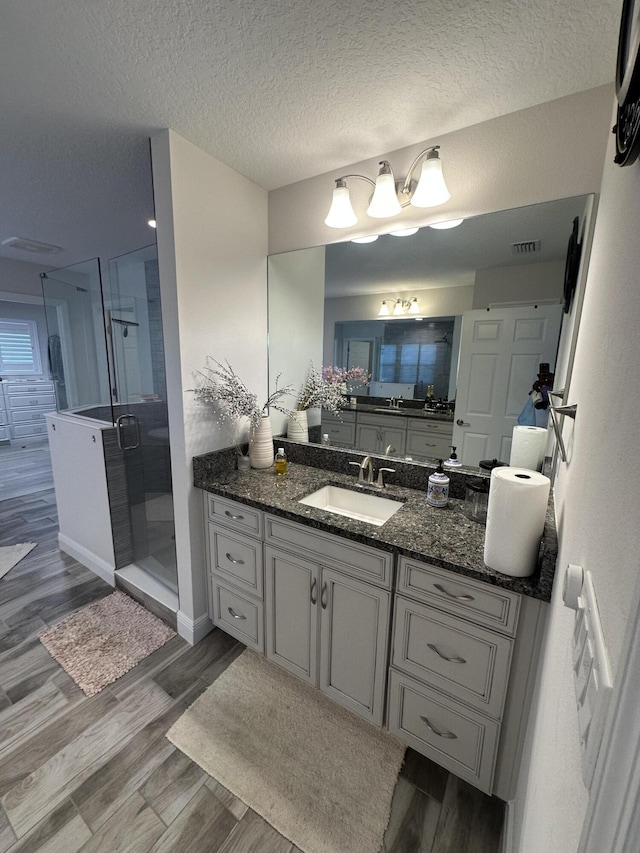 13106 Jeter Creek Dr, Riverview, FL 33579 - full bathroom featuring a stall shower, vanity, wood finished floors, and a textured ceiling