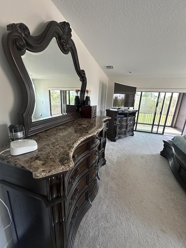 13106 Jeter Creek Dr, Riverview, FL 33579 - bedroom with light carpet, access to outside, multiple windows, and a textured ceiling