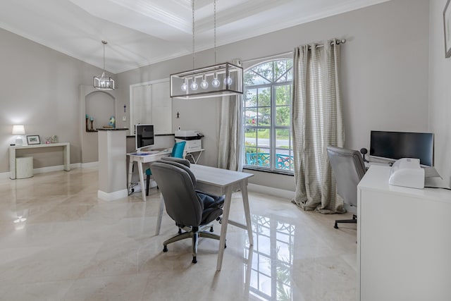 1101 SW Kickaboo Rd, Port Saint Lucie, FL 34953 - office area with ornamental molding, light marble finish floors, and a tray ceiling