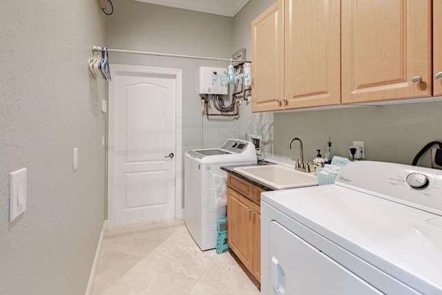 1101 SW Kickaboo Rd, Port Saint Lucie, FL 34953 - laundry area with washer and dryer, cabinet space, water heater, and light marble finish floors