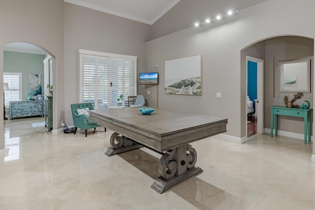 1101 SW Kickaboo Rd, Port Saint Lucie, FL 34953 - office area with arched walkways, ornamental molding, light marble finish flooring, and a towering ceiling