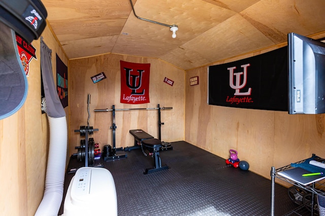 1101 SW Kickaboo Rd, Port Saint Lucie, FL 34953 - exercise room with vaulted ceiling, wooden walls, and carpet