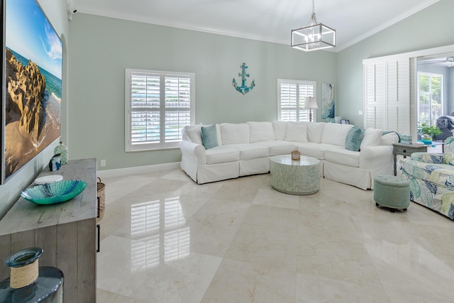 1101 SW Kickaboo Rd, Port Saint Lucie, FL 34953 - living area with ornamental molding, plenty of natural light, a chandelier, and vaulted ceiling