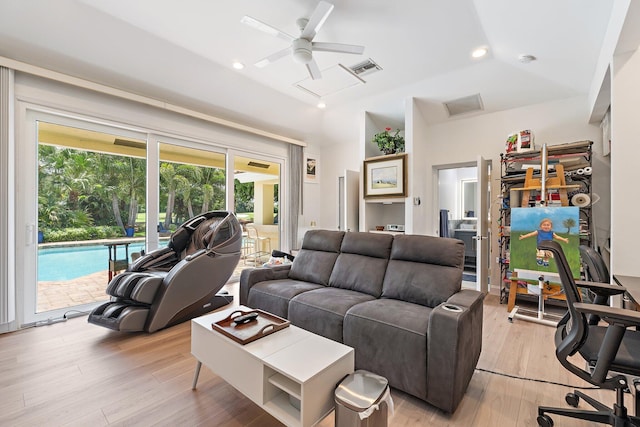 13709 Rivoli Dr, Palm Beach Gardens, FL 33410 - living area featuring ceiling fan, light wood-style flooring, lofted ceiling, and recessed lighting