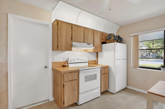 8811 SW 21st Ct Unit B, Boca Raton, FL 33433 - kitchen featuring white appliances, under cabinet range hood, light countertops, a textured ceiling, and ceiling fan