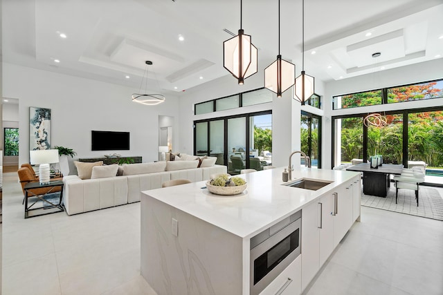 17 NW 15th St, Delray Beach, FL 33444 - kitchen featuring a towering ceiling, modern cabinets, a raised ceiling, stainless steel microwave, and plenty of natural light