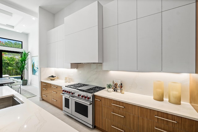 17 NW 15th St, Delray Beach, FL 33444 - kitchen featuring double oven range, modern cabinets, light stone countertops, backsplash, and white cabinets