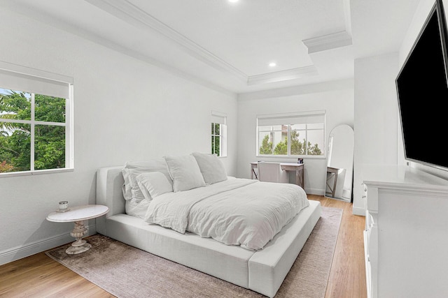 674 NW Library Commons Way, Boca Raton, FL 33432 - bedroom featuring multiple windows, light wood-style floors, ornamental molding, a tray ceiling, and recessed lighting