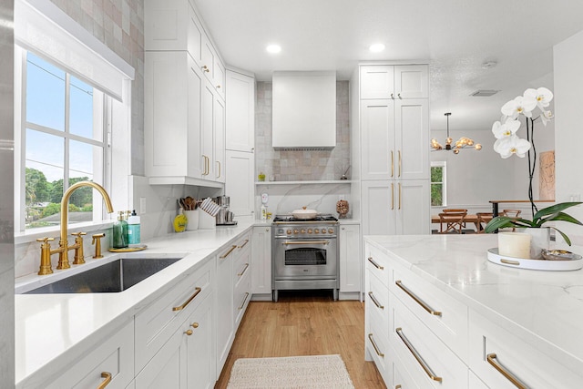 674 NW Library Commons Way, Boca Raton, FL 33432 - kitchen with high end stainless steel range oven, white cabinets, recessed lighting, light wood-style flooring, and light stone counters