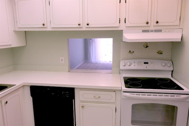 470 Executive Center Dr Unit 2K, West Palm Beach, FL 33401 - kitchen featuring white range with electric cooktop, black dishwasher, under cabinet range hood, light countertops, and white cabinetry