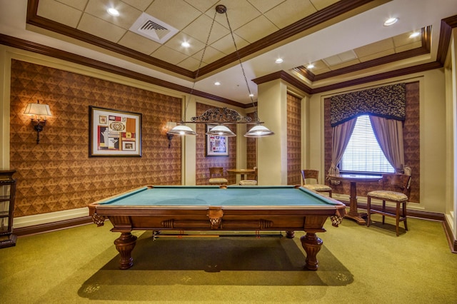 700 Ocean Royale Way Unit 202, Juno Beach, FL 33408 - rec room featuring ornamental molding, carpet floors, pool table, and a raised ceiling