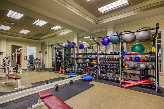 700 Ocean Royale Way Unit 202, Juno Beach, FL 33408 - gym with a tray ceiling, ornamental molding, and a drop ceiling