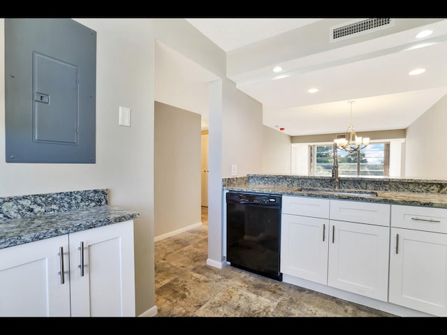 3636 Whitehall Dr Unit 401, West Palm Beach, FL 33401 - kitchen featuring dishwasher, electric panel, white cabinets, a chandelier, and dark stone countertops