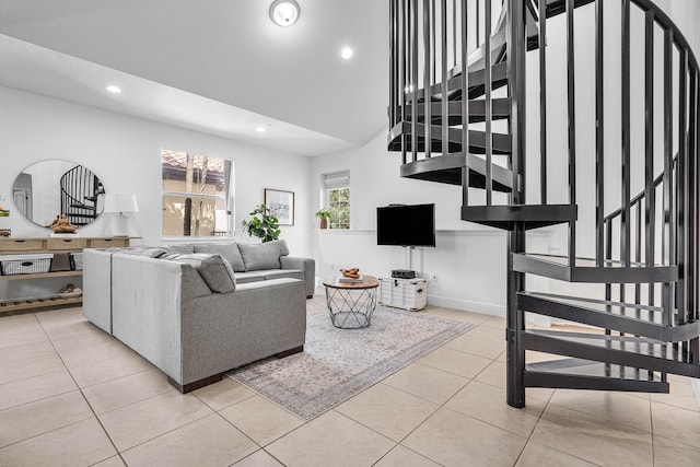 8274 Cascada Isles Dr, Cooper City, FL 33024 - living area featuring stairs, light tile patterned floors, and recessed lighting