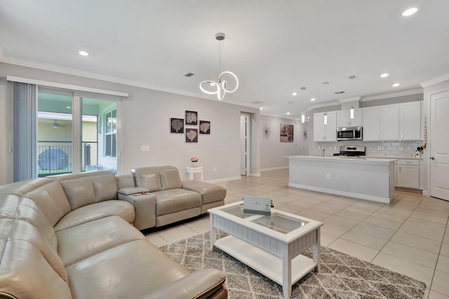 521 SE Plumeria Dr, Port Saint Lucie, FL 34984 - living room with light tile patterned floors, recessed lighting, crown molding, and a chandelier