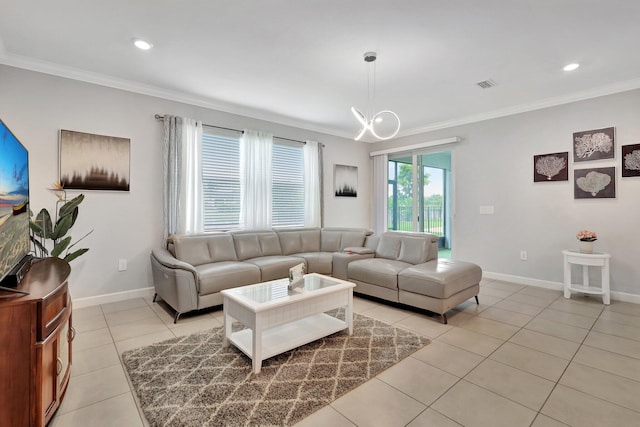 521 SE Plumeria Dr, Port Saint Lucie, FL 34984 - living room featuring crown molding, light tile patterned flooring, and recessed lighting