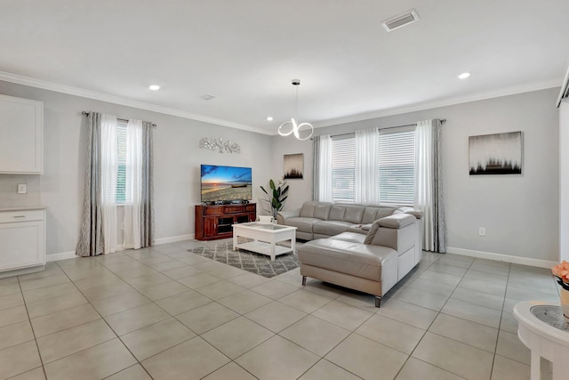 521 SE Plumeria Dr, Port Saint Lucie, FL 34984 - living area with ornamental molding, light tile patterned flooring, and recessed lighting