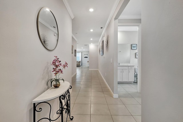 521 SE Plumeria Dr, Port Saint Lucie, FL 34984 - corridor featuring light tile patterned floors, crown molding, and recessed lighting